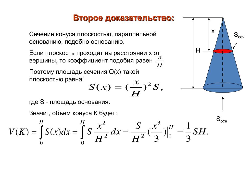 Объем конуса с двумя основанием. Коэффициент подобия объемов конусов. Площадь сечения конуса параллельного основанию. Площадь сечения конуса плоскостью. Площадь усечения конуса.