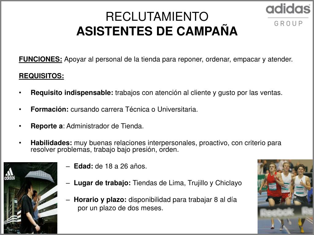 PPT - RECLUTAMIENTO ASISTENTES DE CAMPAÑA adidas Group PowerPoint  Presentation - ID:5272586