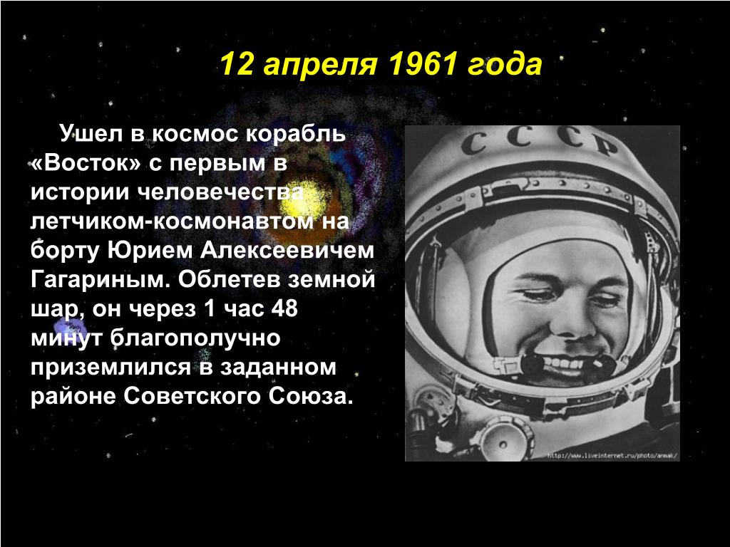 Сколько раз гагарин облетел земной. 12 Апреля 1961. Гагарин облетел земной шар. Космический корабль Восток. Сообщения про космос в 1961 году.