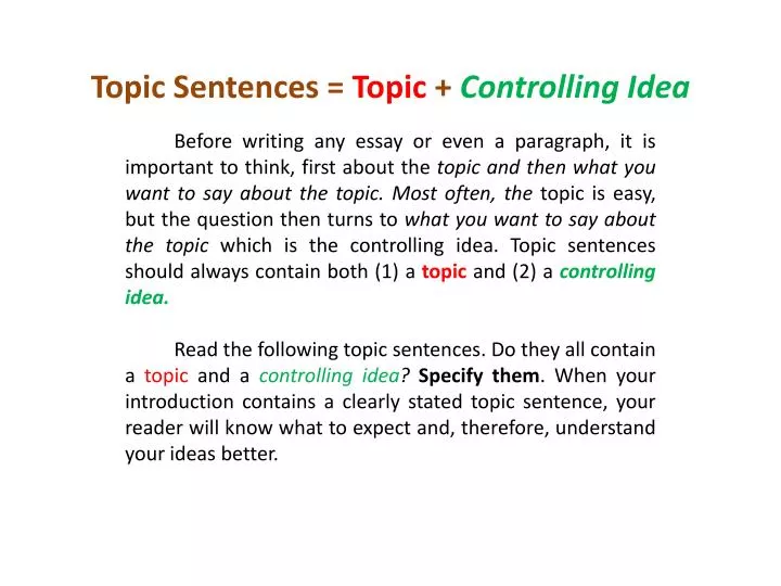 Topic Sentence And Controlling Idea Worksheets
