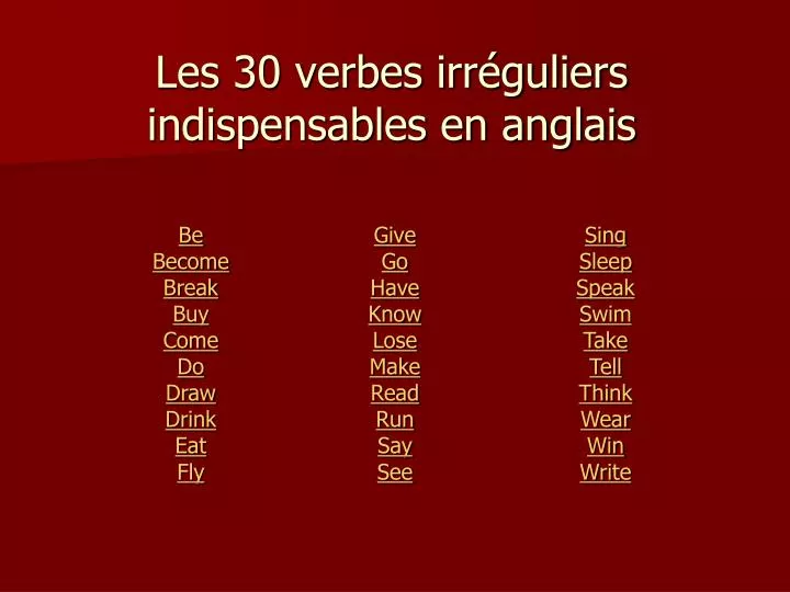 Combien De Verbe Irrégulier En Anglais PPT - Les 30 verbes irréguliers indispensables en anglais PowerPoint
